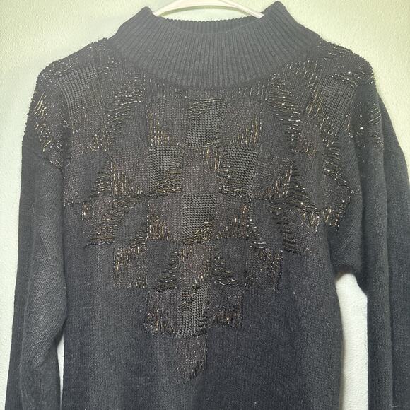 VTG IB Diffusion Black Knit Sweater Dress Metallic Geometric Silk 90's Womens XS - Picture 2 of 4